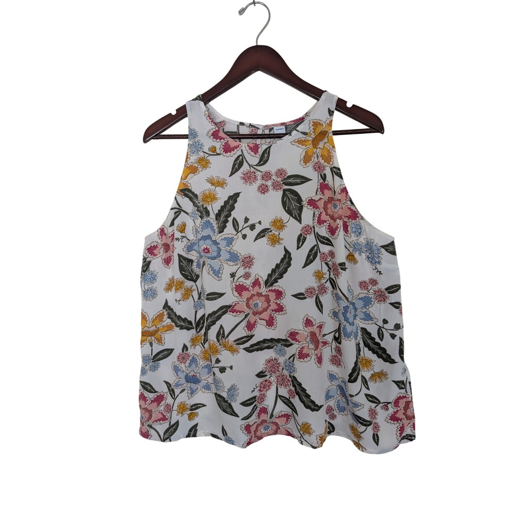 Old Navy Womens Large Tank Top Floral Halter High Neck Keyhole‎ Back White Rayon